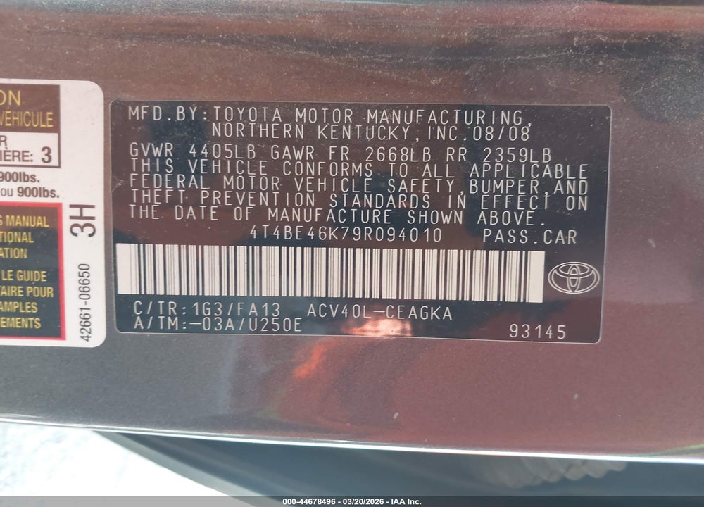 2009 TOYOTA CAMRY XLE VIN: 4T4BE46K79R094010