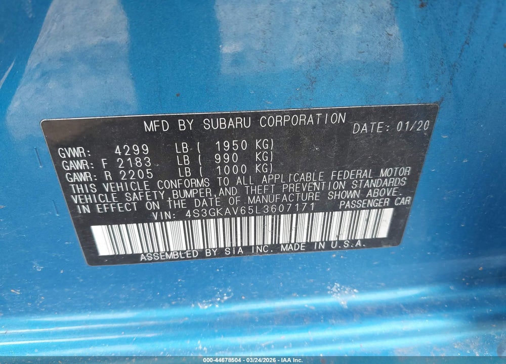 2020 SUBARU IMPREZA PREMIUM VIN: 4S3GKAV65L3607171