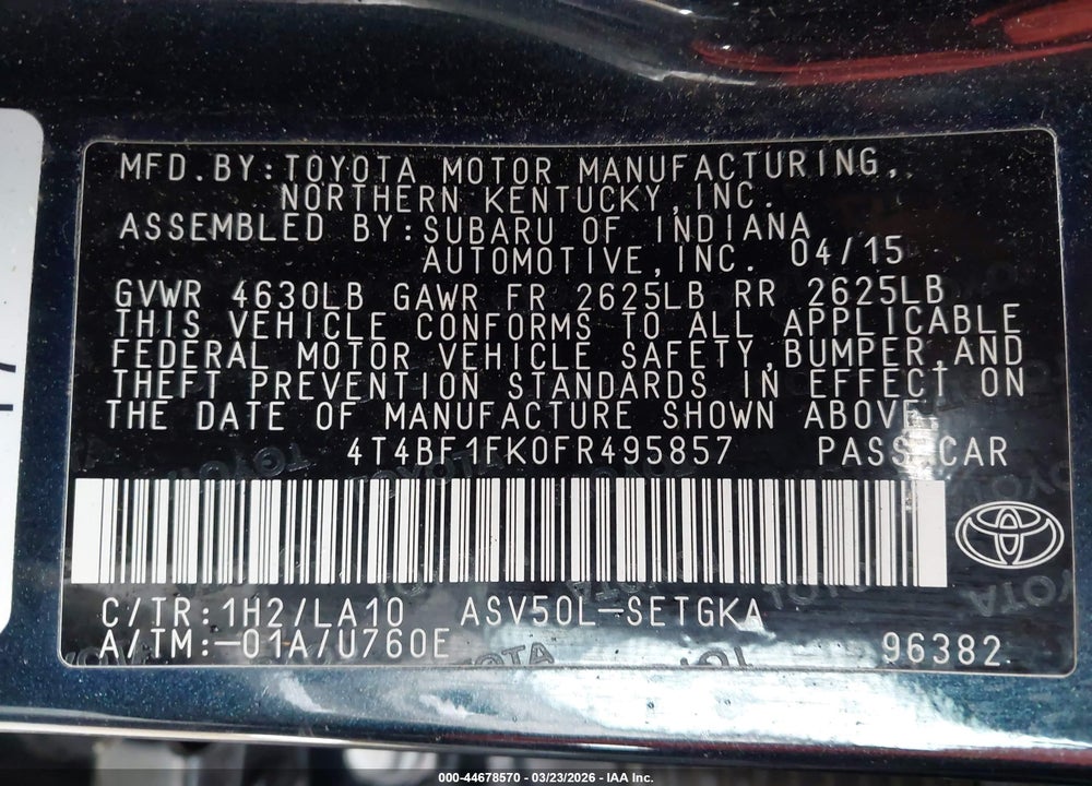 2015 TOYOTA CAMRY XLE VIN: 4T4BF1FK0FR495857
