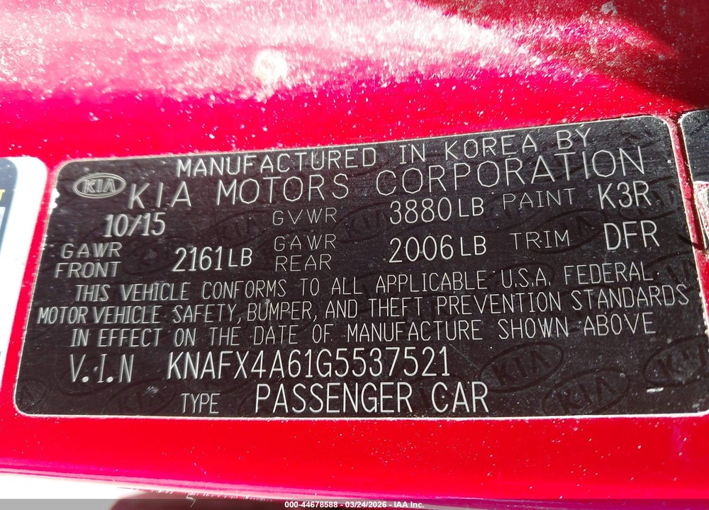2016 KIA FORTE LX VIN: KNAFX4A61G5537521