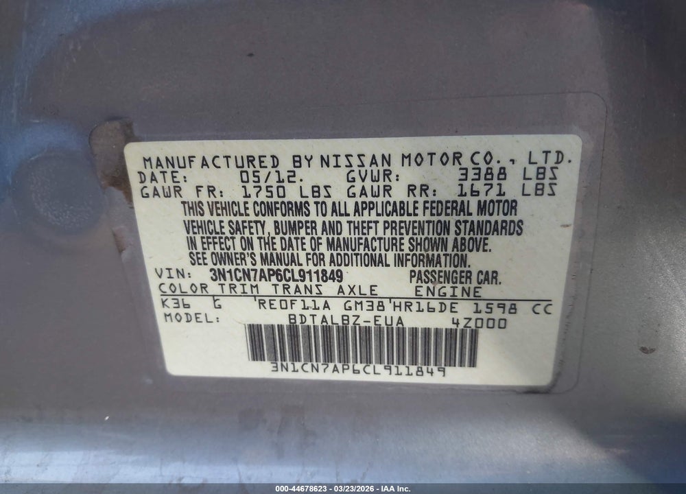 2012 NISSAN VERSA 1.6 SV VIN: 3N1CN7AP6CL911849