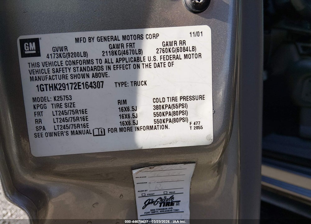 2002 GMC SIERRA 2500HD SLE VIN: 1GTHK29172E164307
