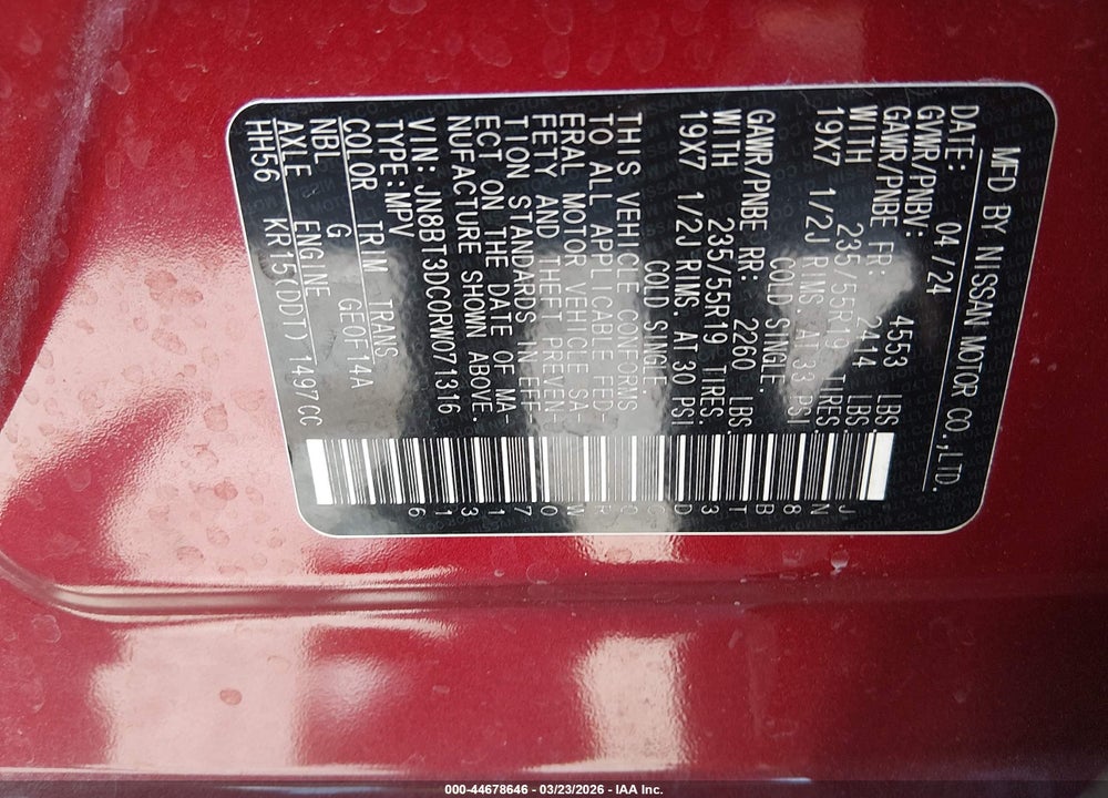 2024 NISSAN ROGUE PLATINUM FWD VIN: JN8BT3DC0RW071316
