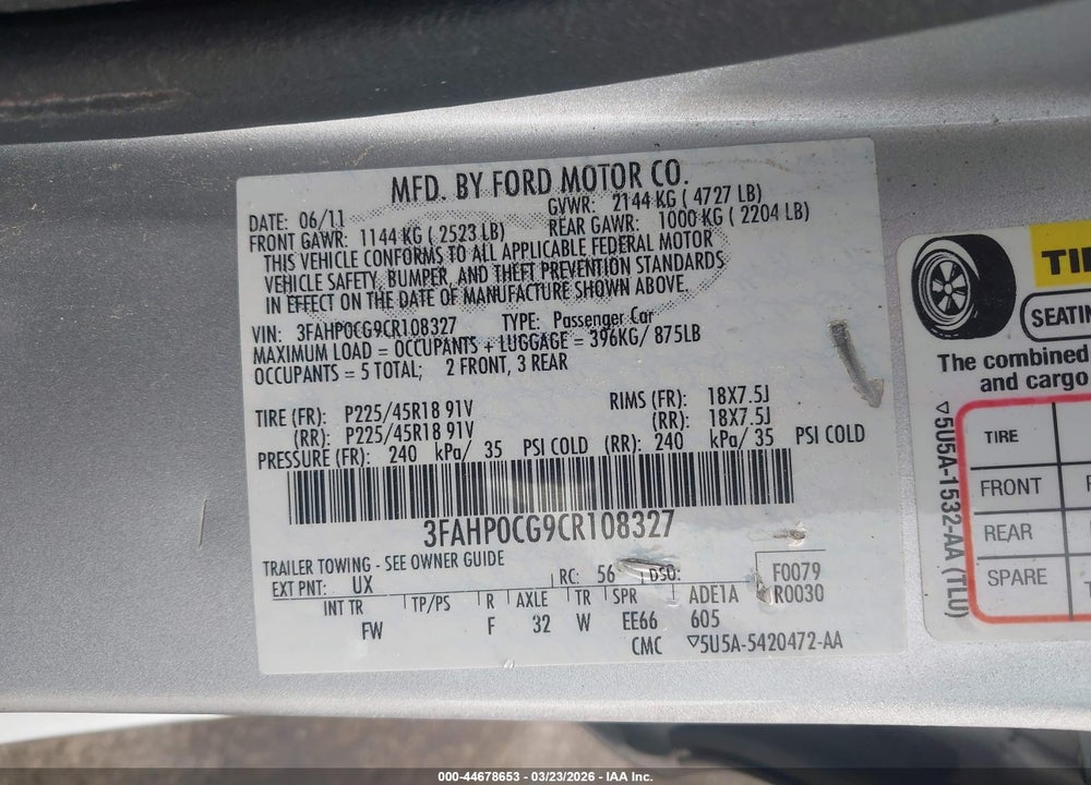2012 FORD FUSION SEL VIN: 3FAHP0CG9CR108327