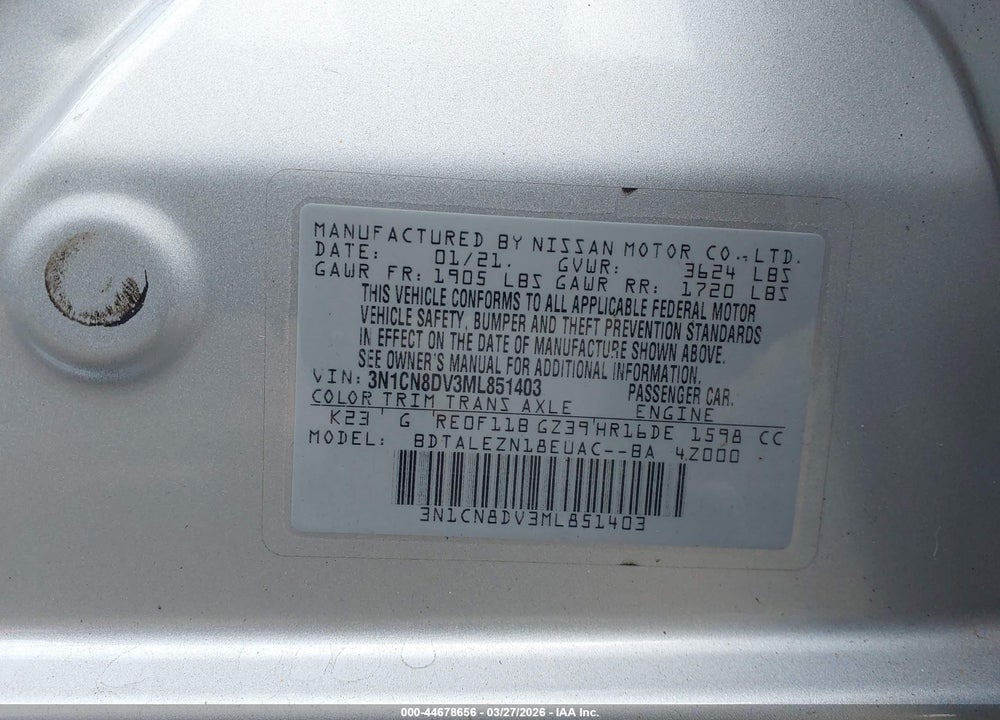 2021 NISSAN VERSA S XTRONIC CVT VIN: 3N1CN8DV3ML851403
