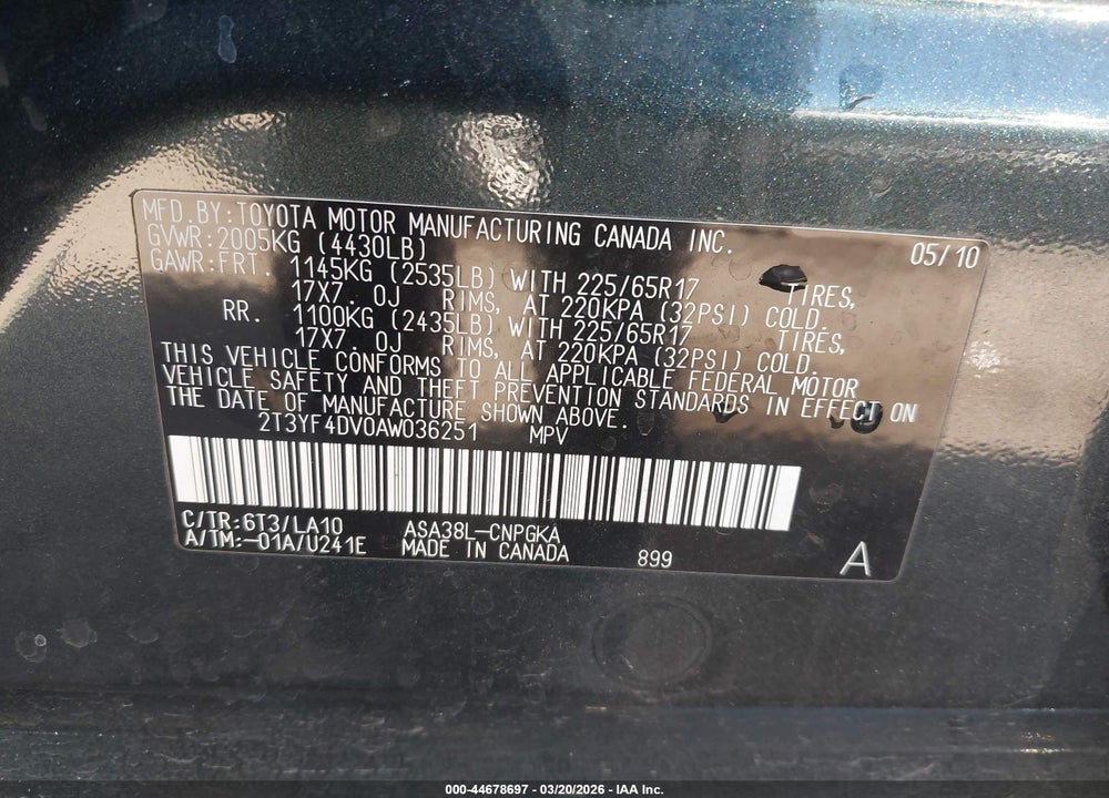 2010 TOYOTA RAV4 LIMITED VIN: 2T3YF4DV0AW036251