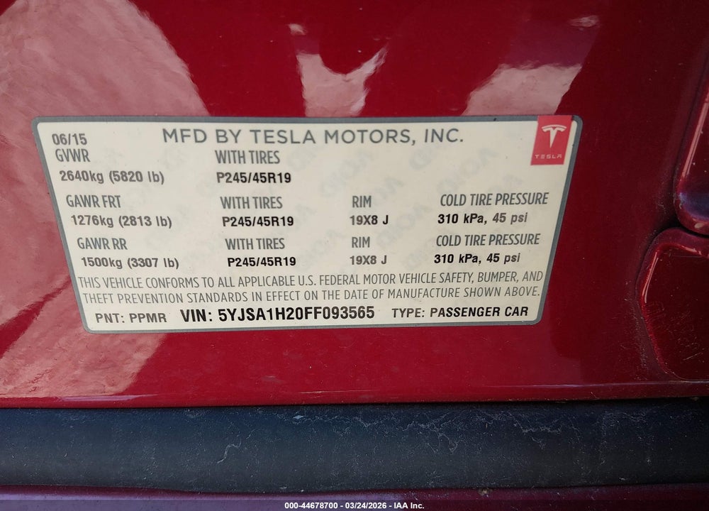 2015 TESLA MODEL S VIN: 5YJSA1H20FF093565