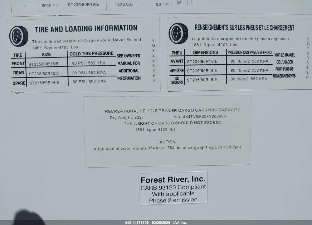 2015 FOREST RIVER EV096A VIN: 4X4TVGF20FY206696