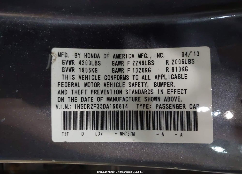 2013 HONDA ACCORD LX VIN: 1HGCR2F35DA160814
