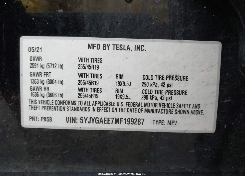 2021 TESLA MODEL Y LONG RANGE DUAL MOTOR ALL-WHEEL DRIVE VIN: 5YJYGAEE7MF199287