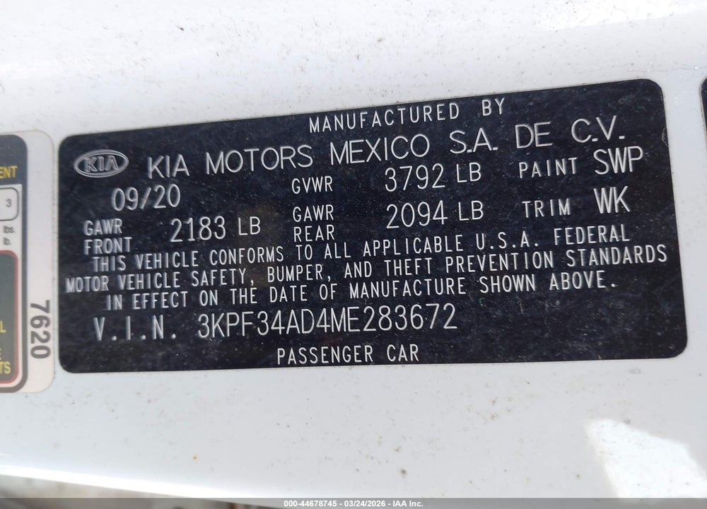 2021 KIA FORTE GT-LINE VIN: 3KPF34AD4ME283672