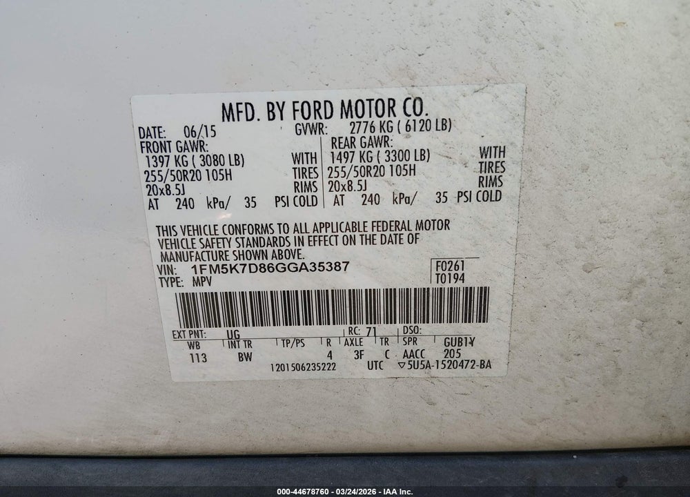 2016 FORD EXPLORER XLT VIN: 1FM5K7D86GGA35387