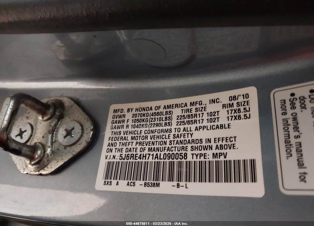 2010 HONDA CR-V EX-L VIN: 5J6RE4H71AL090058