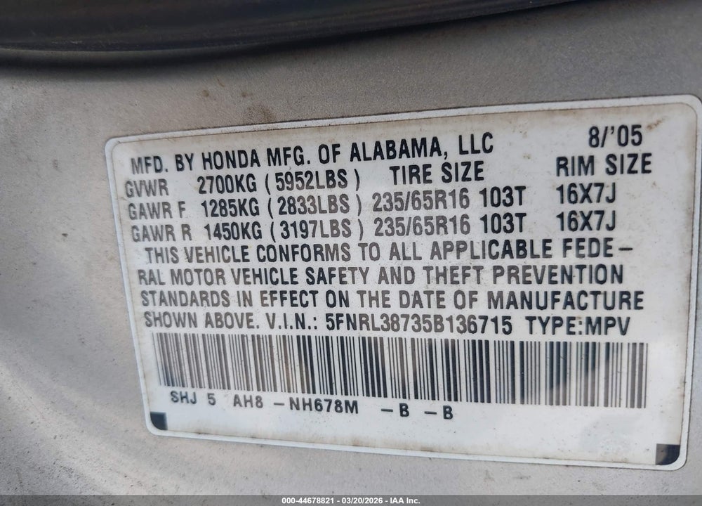 2005 HONDA ODYSSEY EX-L VIN: 5FNRL38735B136715