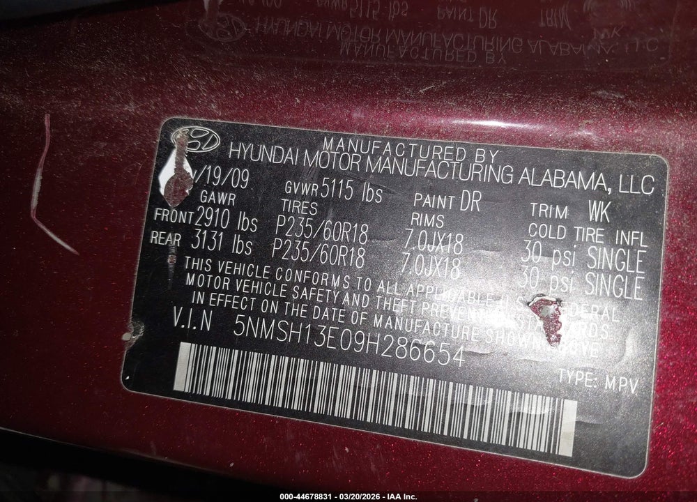 2009 HYUNDAI SANTA FE LIMITED VIN: 5NMSH13E09H286654