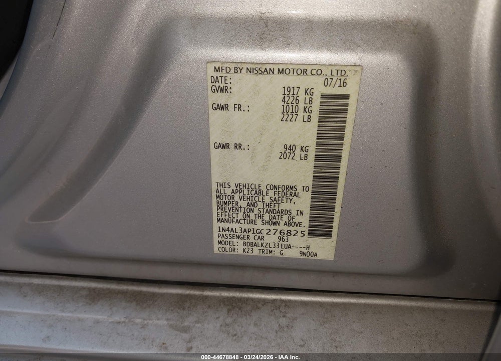 2016 NISSAN ALTIMA 2.5 SV VIN: 1N4AL3AP1GC276825