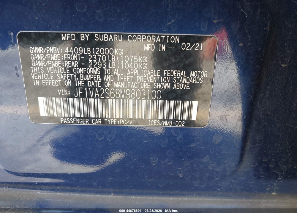 2021 SUBARU WRX STI VIN: JF1VA2S68M9803100