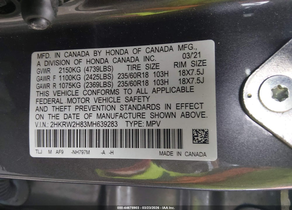 2021 HONDA CR-V AWD EX-L VIN: 2HKRW2H83MH639283