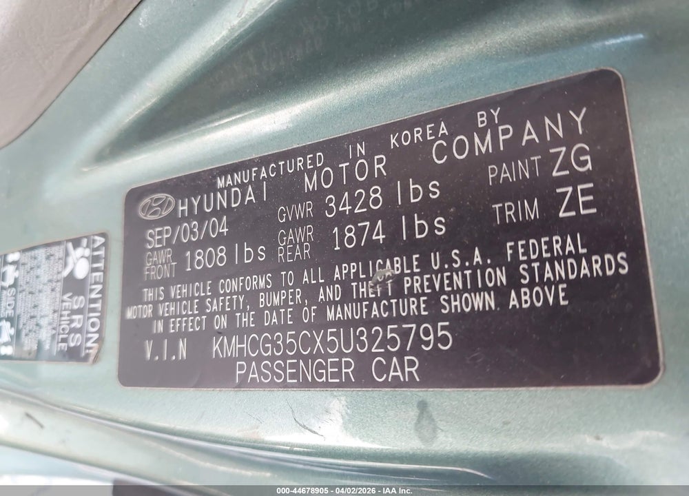 2005 HYUNDAI ACCENT GLS/GT VIN: KMHCG35CX5U325795