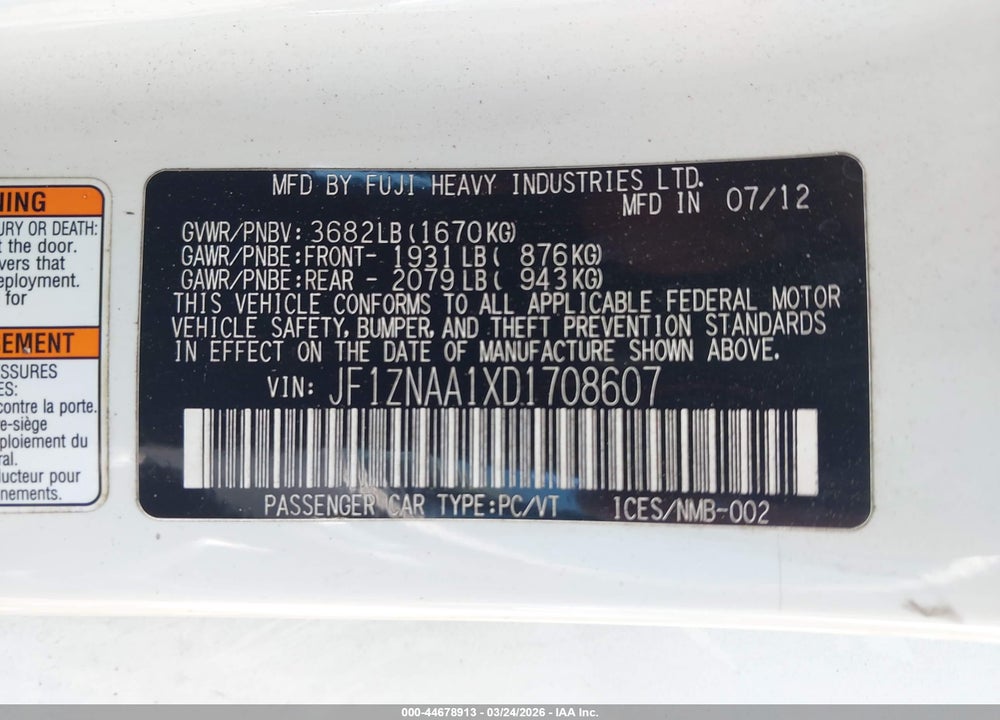 2013 SCION FR-S VIN: JF1ZNAA1XD1708607