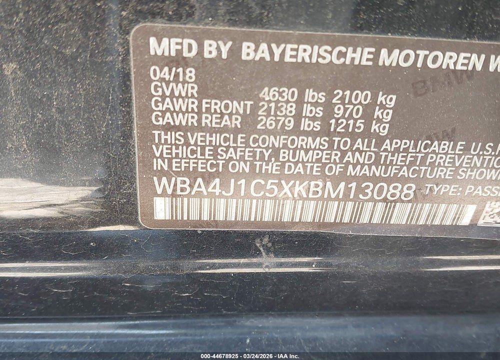 2019 BMW 430I GRAN COUPE VIN: WBA4J1C5XKBM13088