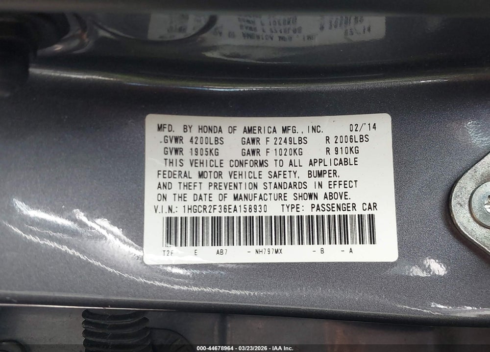 2014 HONDA ACCORD LX VIN: 1HGCR2F36EA158930