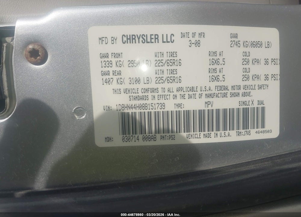 2008 DODGE GRAND CARAVAN SE VIN: 1D8HN44H08B151739