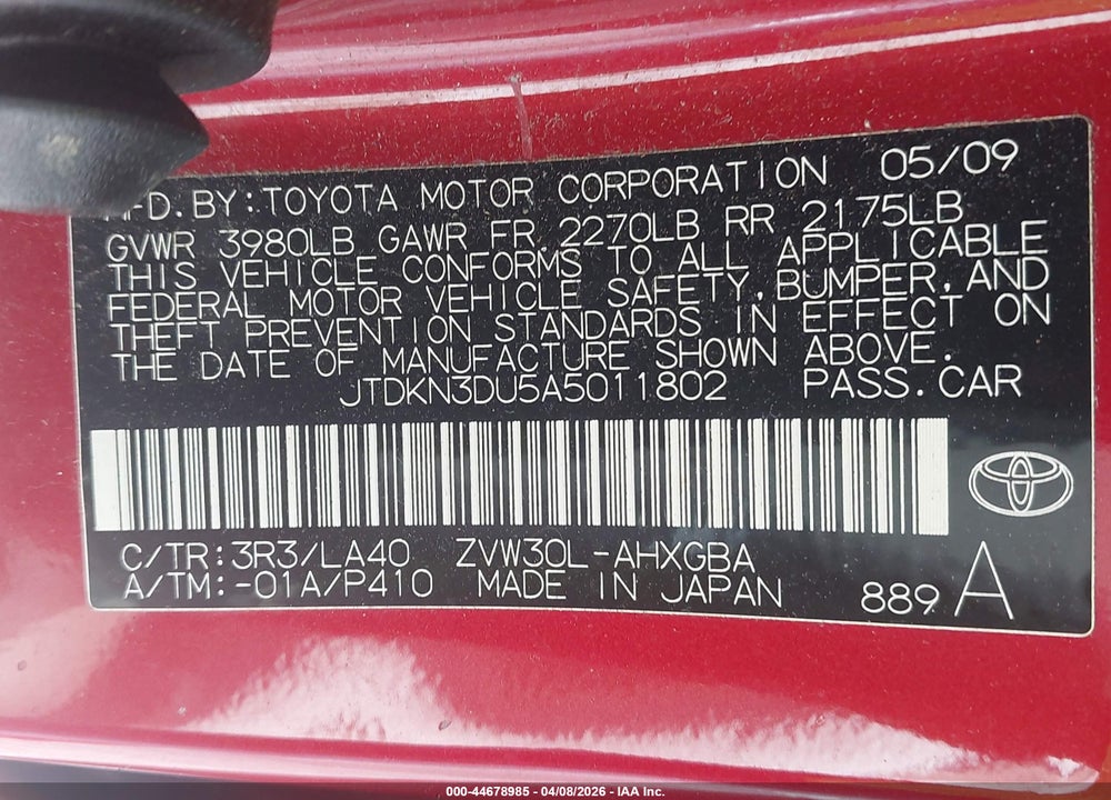 2010 TOYOTA PRIUS IV VIN: JTDKN3DU5A5011802