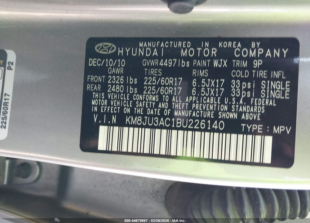 2011 HYUNDAI TUCSON GLS VIN: KM8JU3AC1BU226140