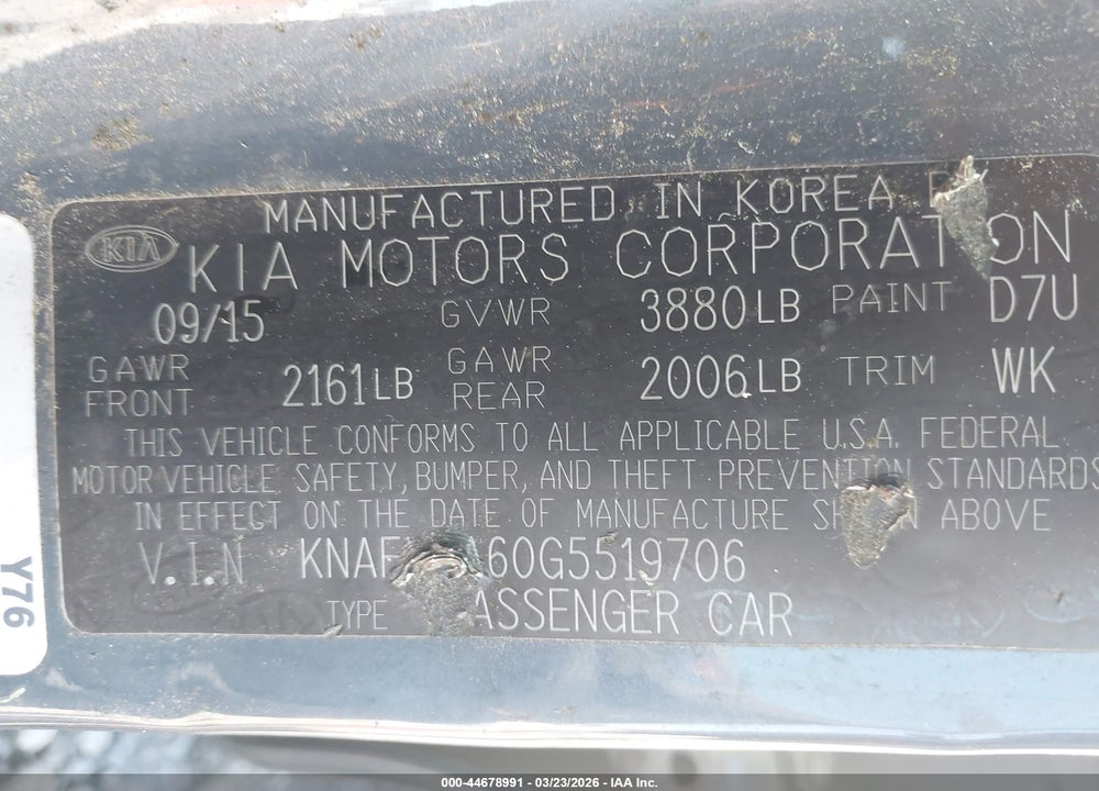 2016 KIA FORTE LX VIN: KNAFX4A60G5519706
