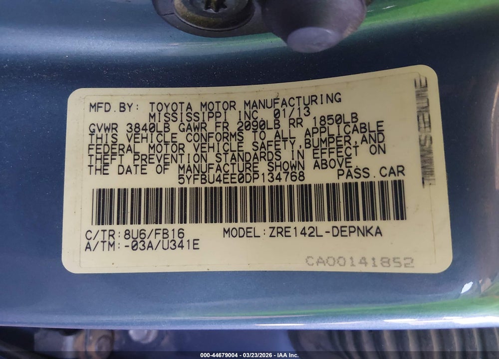2013 TOYOTA COROLLA LE VIN: 5YFBU4EE0DP134768