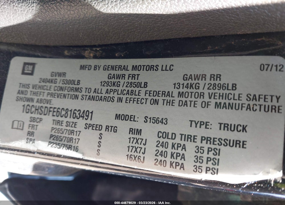 2012 CHEVROLET COLORADO 2LT VIN: 1GCHSDFE6C8163491