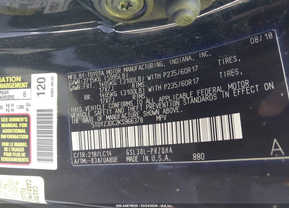 2019 TOYOTA SIENNA XLE 8 PASSENGER VIN: 5TDYZ3DC2KS966378
