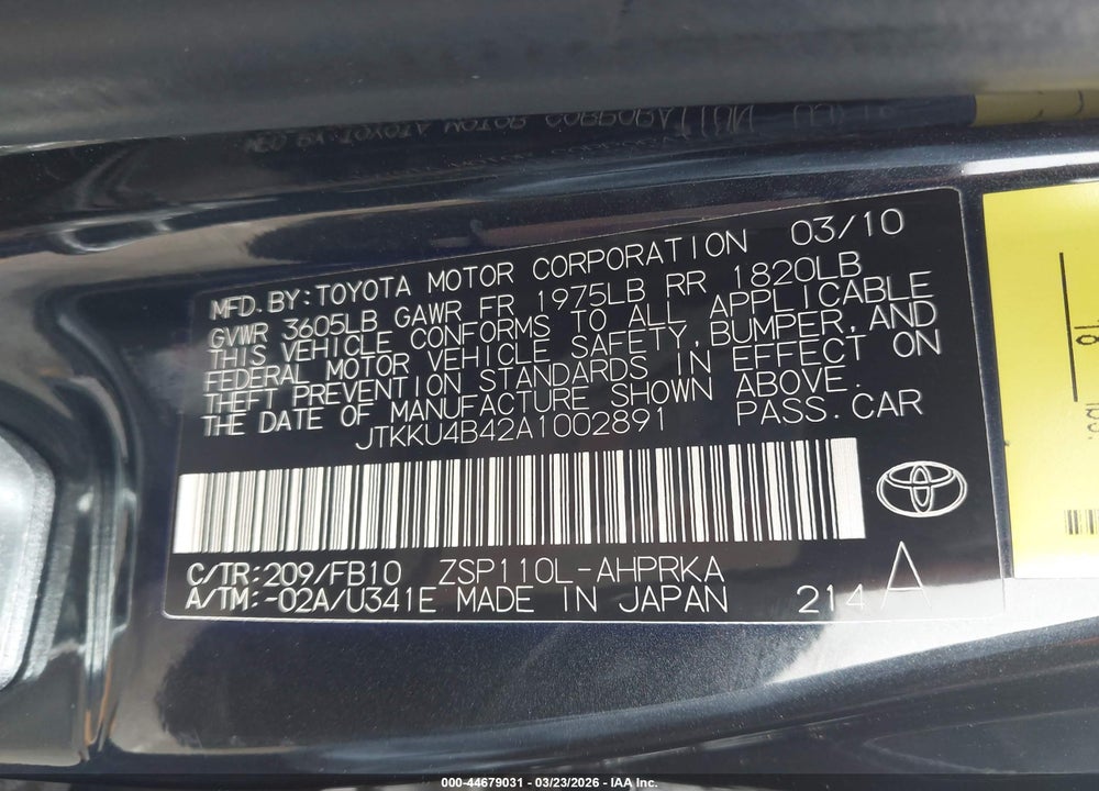 2010 SCION XD VIN: JTKKU4B42A1002891