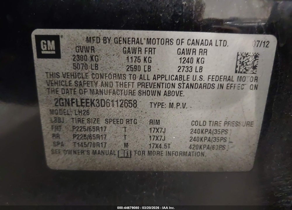 2013 CHEVROLET EQUINOX 1LT VIN: 2GNFLEEK3D6112658