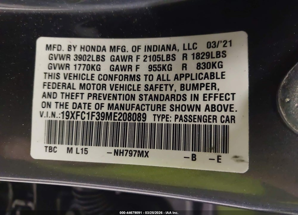 2021 HONDA CIVIC EX VIN: 19XFC1F39ME208089