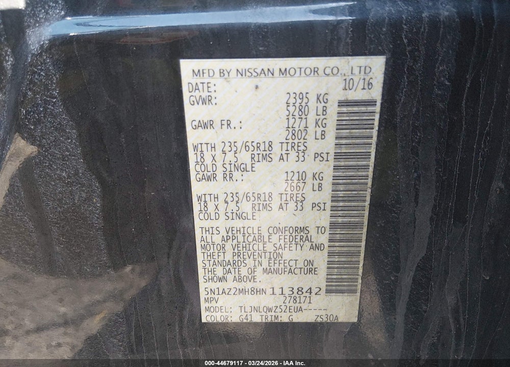 2017 NISSAN MURANO SV VIN: 5N1AZ2MH8HN113842