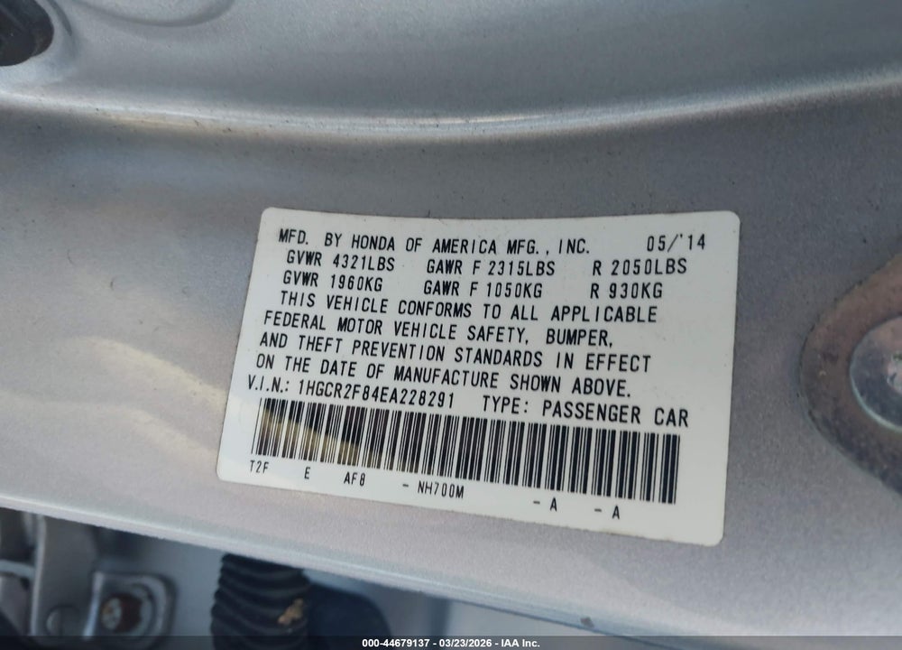 2014 HONDA ACCORD EX-L VIN: 1HGCR2F84EA228291