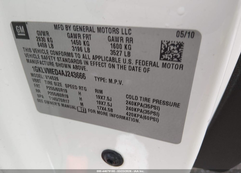2010 GMC ACADIA SLT-1 VIN: 1GKLVMED4AJ243666