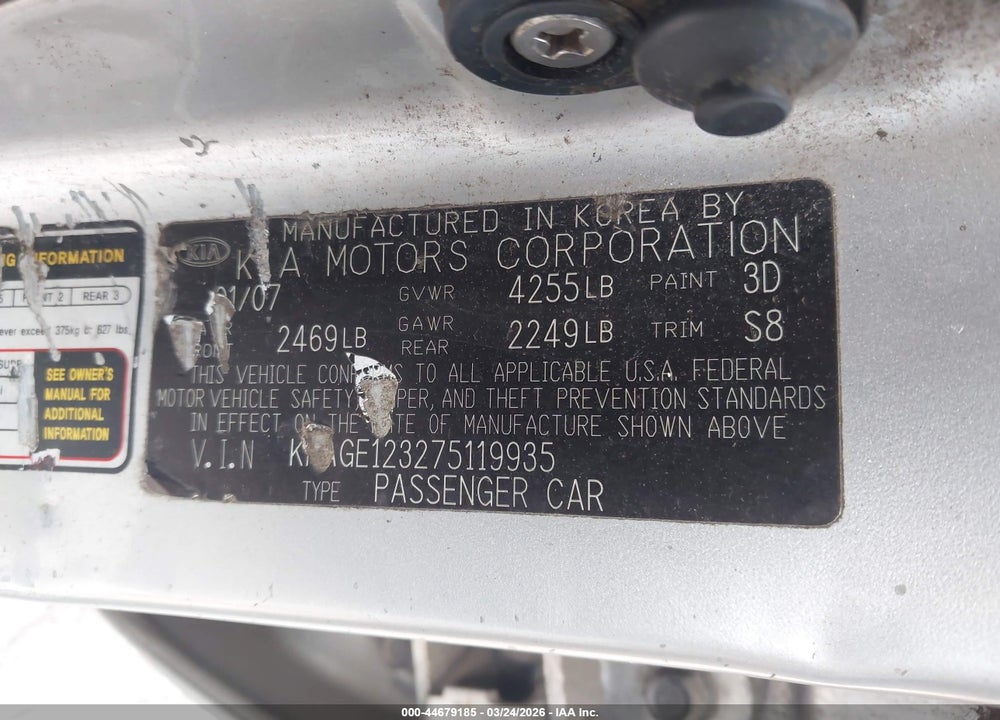 2007 KIA OPTIMA LX VIN: KNAGE123275119935