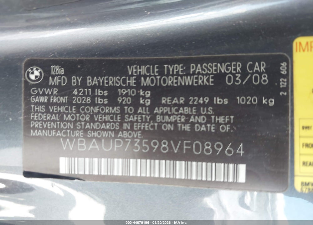 2008 BMW 128I VIN: WBAUP73598VF08964