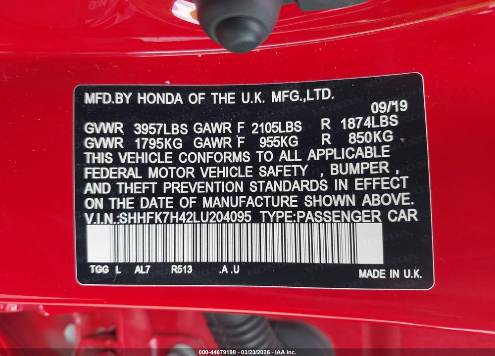 2020 HONDA CIVIC SPORT VIN: SHHFK7H42LU204095