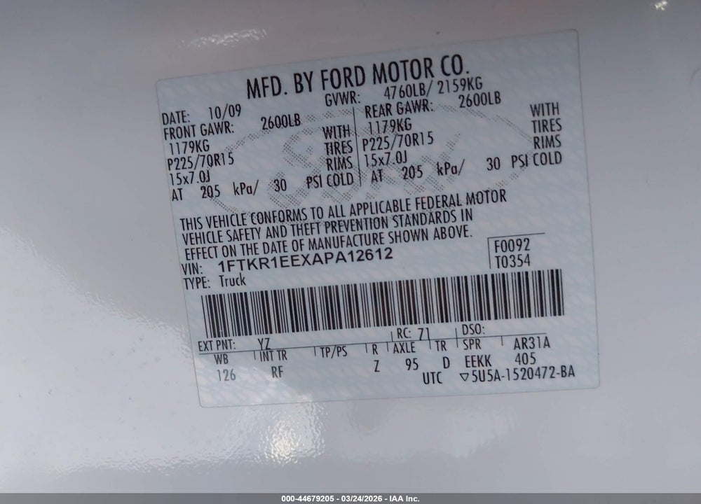2010 FORD RANGER SPORT/XL/XLT VIN: 1FTKR1EEXAPA12612