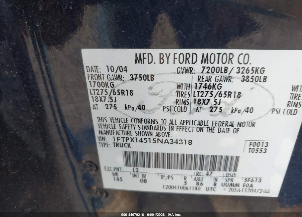 2005 FORD F-150 FX4/LARIAT/XL/XLT VIN: 1FTPX14515NA34318