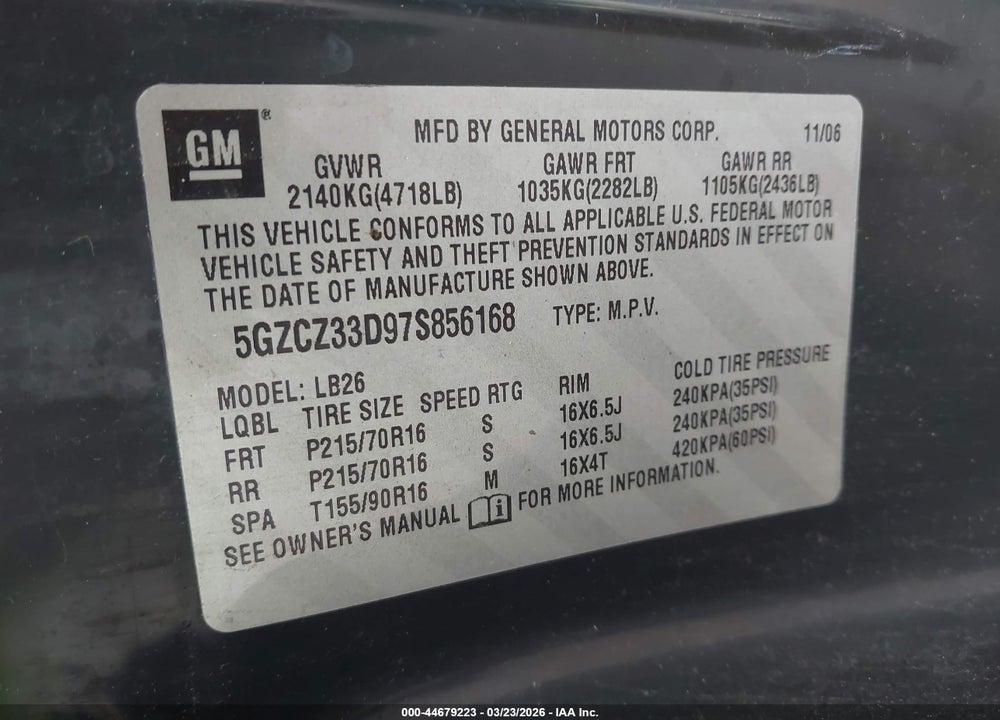 2007 SATURN VUE 4 CYL VIN: 5GZCZ33D97S856168