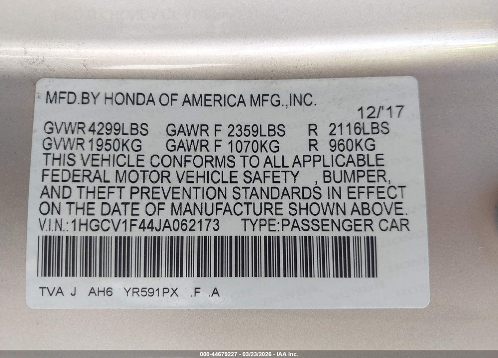 2018 HONDA ACCORD EX VIN: 1HGCV1F44JA062173