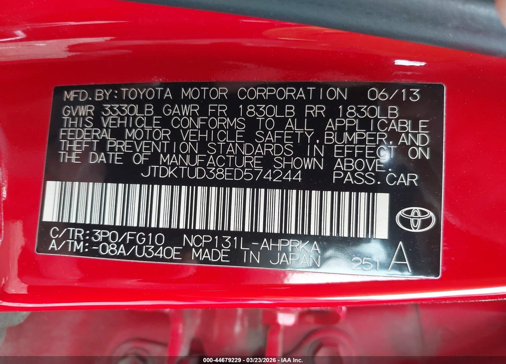 2014 TOYOTA YARIS LE (TMC/CBU PLANT) VIN: JTDKTUD38ED574244