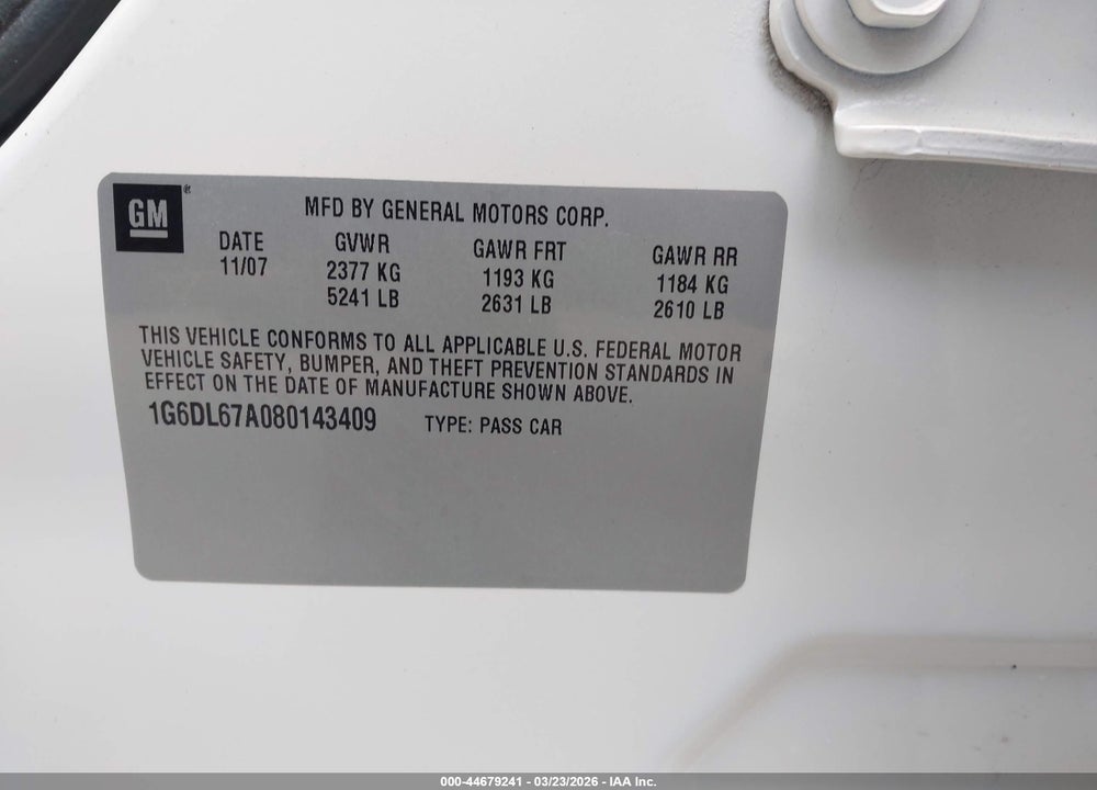 2008 CADILLAC STS V8 VIN: 1G6DL67A080143409