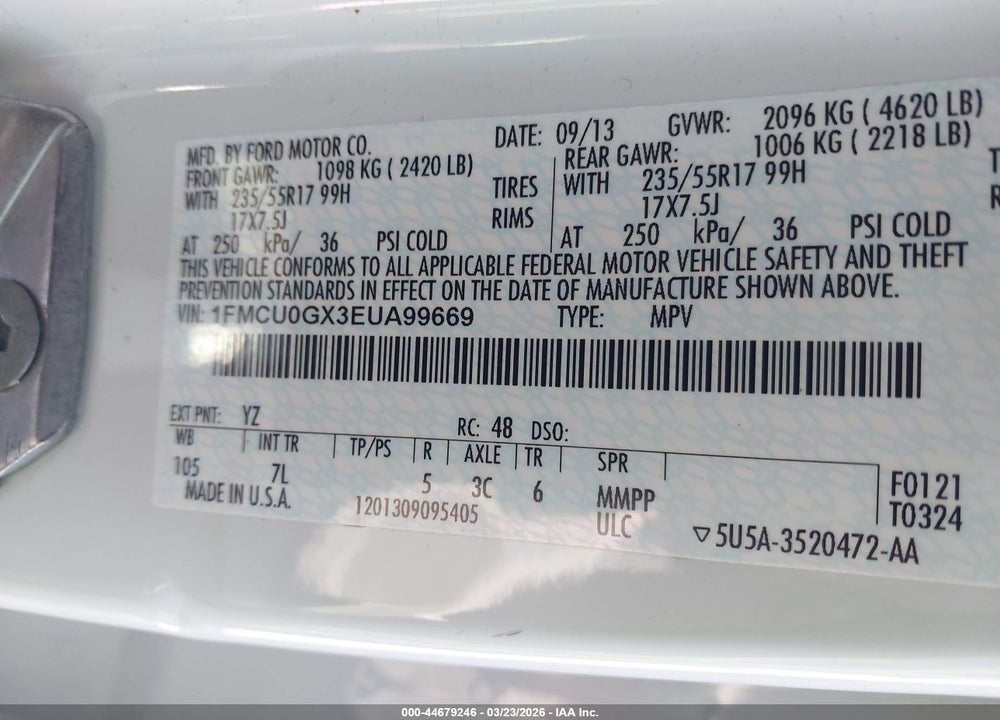 2014 FORD ESCAPE SE VIN: 1FMCU0GX3EUA99669