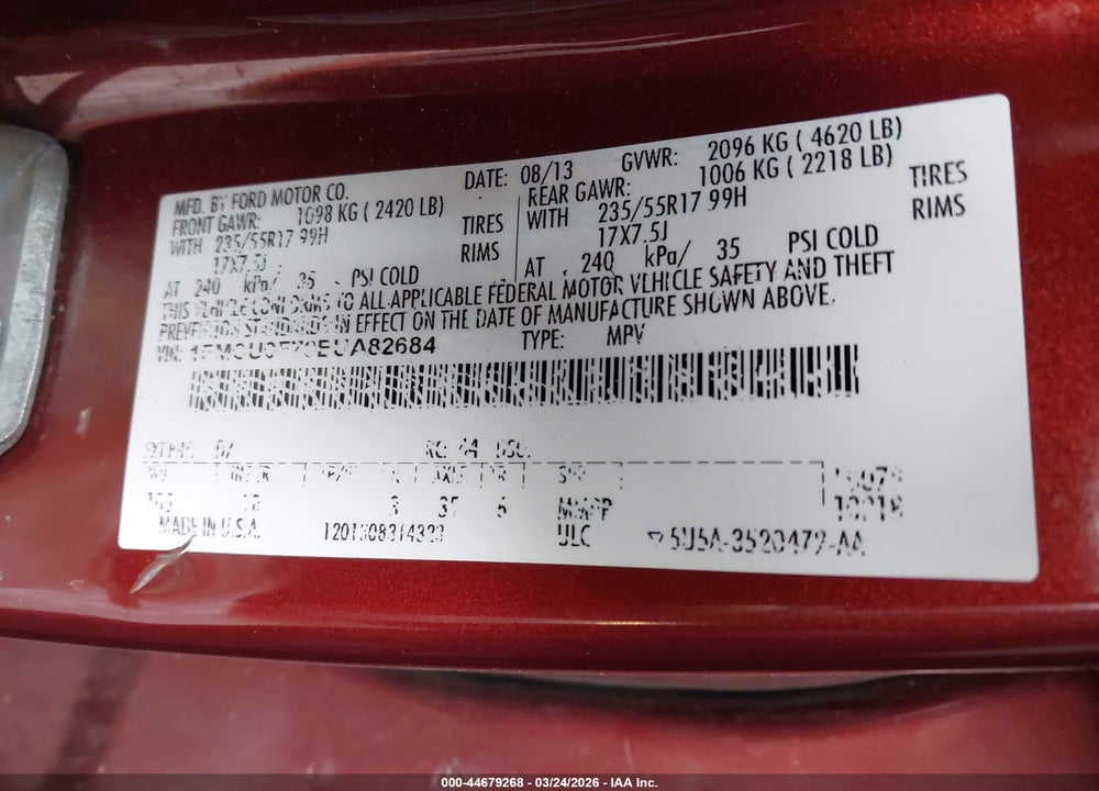 2014 FORD ESCAPE S VIN: 1FMCU0F70EUA82684